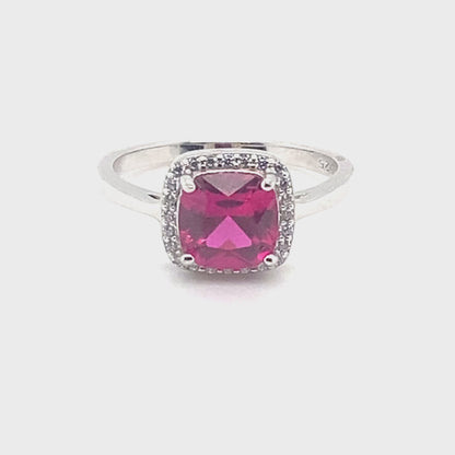 July Birthstone Ruby Color CZ Halo Ring in Sterling Silver