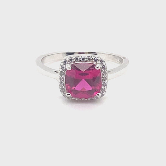 July Birthstone Ruby Color CZ Halo Ring in Sterling Silver