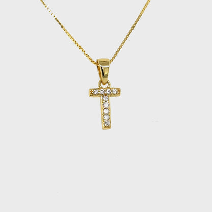 Yellow Gold Plated Sterling Silver CZ Letter T Pendant