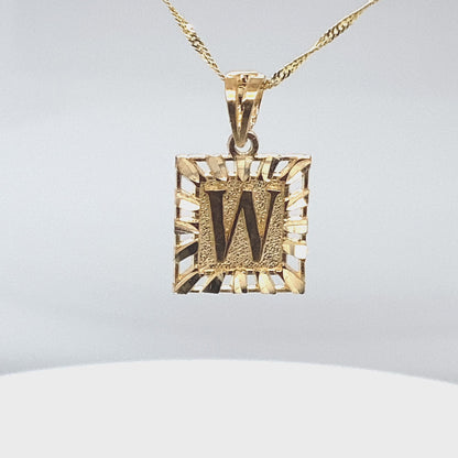 10K Solid Yellow Gold Initial Letter W Square Pendant