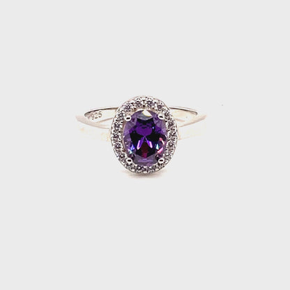February Birthstone Color CZ Oval Ring in Fine Sterling Silver