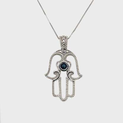 0.01TDW Diamond and 2.5mm Sapphire Hamsa Pendant in 10K White Gold