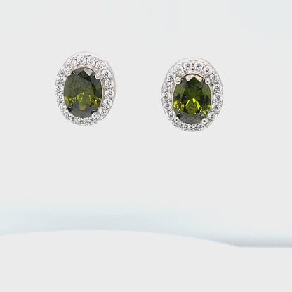 August Birthstone Peridot Color CZ Oval Halo Earring In Sterling Silver