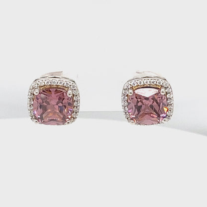 October Birthstone Sterling Silver Cushion Pink Tourmaline Color CZ Earrings