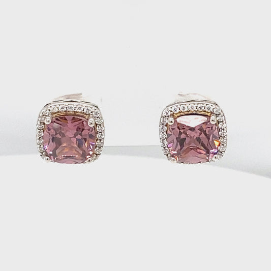 October Birthstone Sterling Silver Cushion Pink Tourmaline Color CZ Earrings