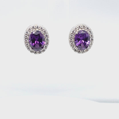 February Birthstone Amethyst Color CZ Oval Earring In Sterling Silver