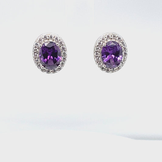 February Birthstone Amethyst Color CZ Oval Earring In Sterling Silver