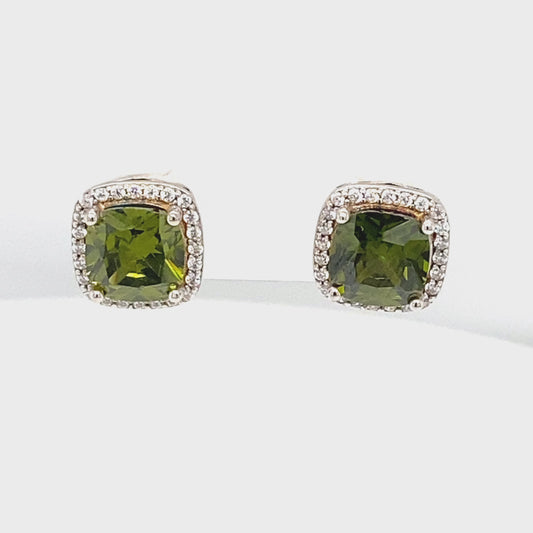 August Birthstone Sterling Silver and Peridot Color CZ Cushion Earrings