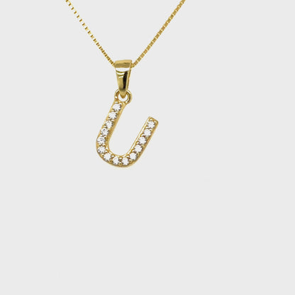 Yellow Gold Plated Sterling Silver CZ Letter U Pendant
