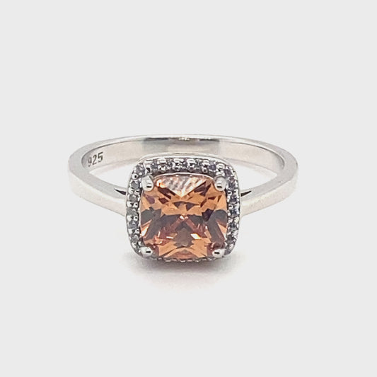 November Birthstone Citrine Color Cushion Cut CZ Halo Ring