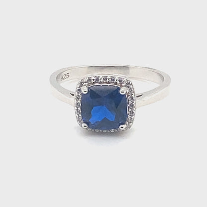 September Birthstone Cushion Cut Sapphire Color CZ Halo Ring in Sterling Silver