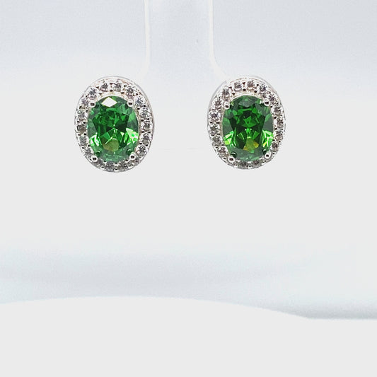 May Birthstone Emerald Color CZ Oval Earring In Sterling Silver