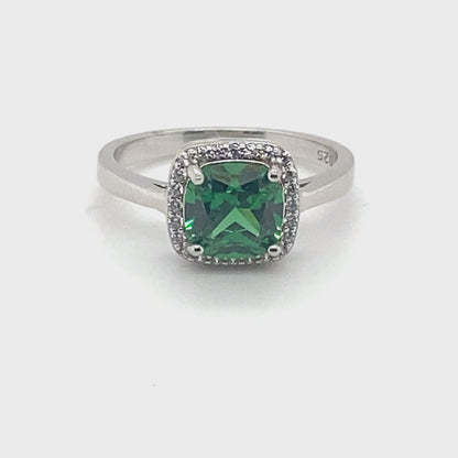 May Birthstone Emerald Color Cushion Cut CZ Ring in Sterling Silver