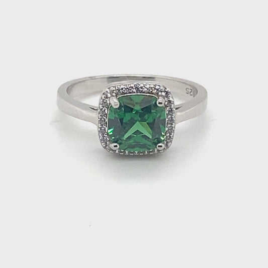May Birthstone Emerald Color Cushion Cut CZ Ring in Sterling Silver