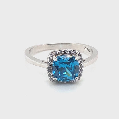 December Birthstone Blue CZ Cushion Halo Ring in Sterling Silver