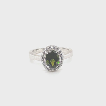 August Birthstone Peridot Color CZ Oval Ring in Sterling Silver