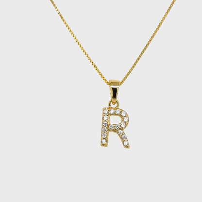 Yellow Gold Plated Sterling Silver CZ Letter R Pendant