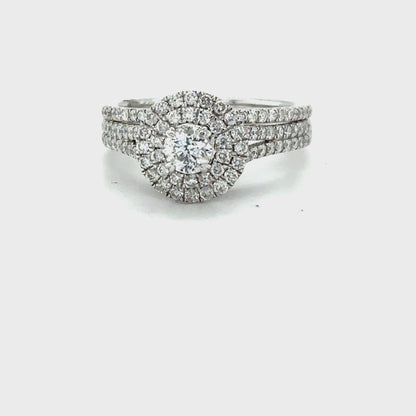 14K White Gold 1.00TDW Diamond Double Round Halo Wedding Set