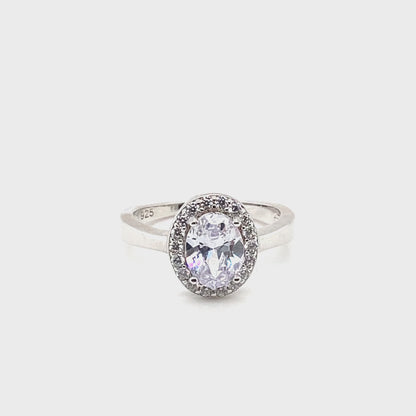April Birthstone Color CZ Oval Halo Ring in Sterling Silver