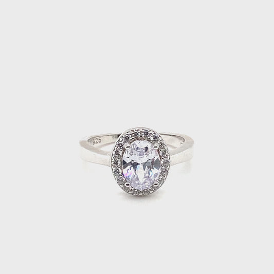 April Birthstone Color CZ Oval Halo Ring in Sterling Silver
