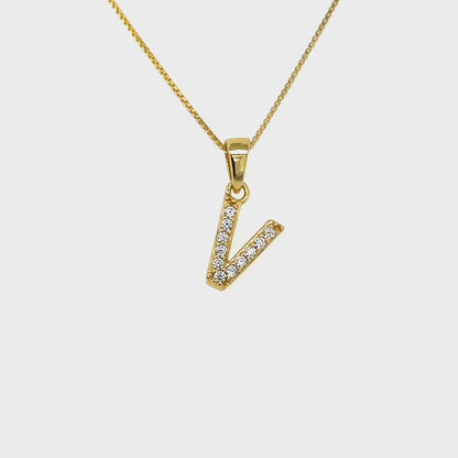 Yellow Gold Plated Sterling Silver CZ Letter V Pendant
