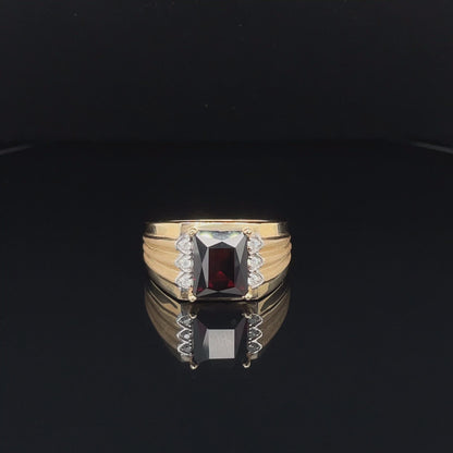 14K Yellow Gold 0.09TDW Diamond And Emerald Cut Men's Garnet Ring
