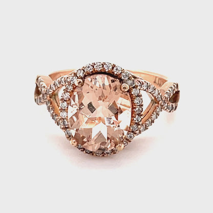 10K Rose Gold 0.45TDW Diamond And Oval Cut Morganite Halo Solitaire Ring
