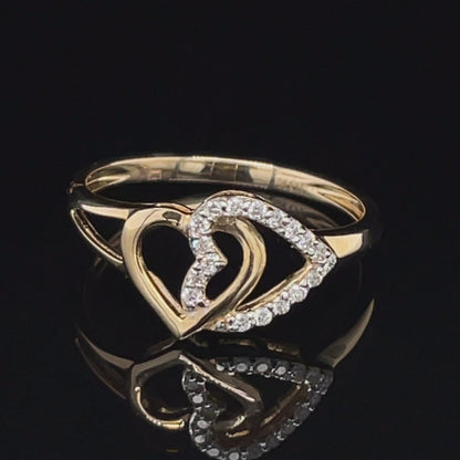 10K Yellow Gold 0.10CT Women's Diamond Double Heart Ring