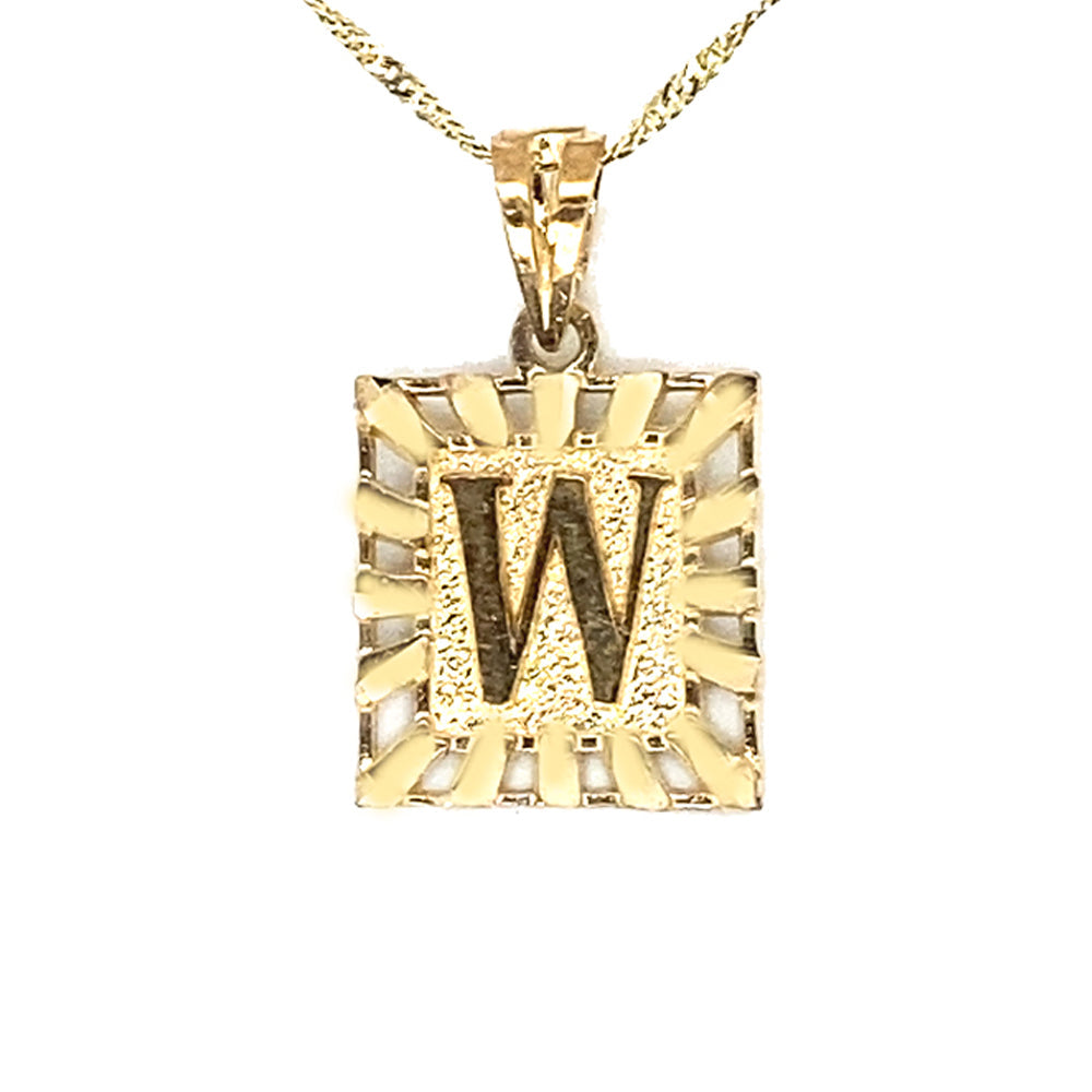 10K Solid Yellow Gold Initial Letter W Square Pendant