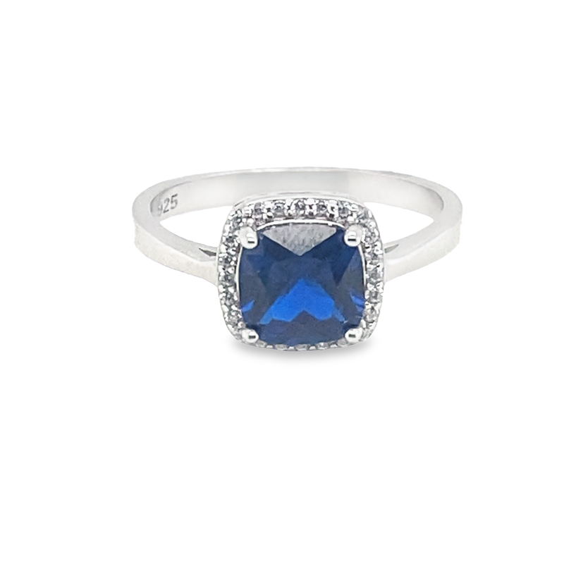 September Birthstone Cushion Cut Sapphire Color CZ Halo Ring in Sterling Silver