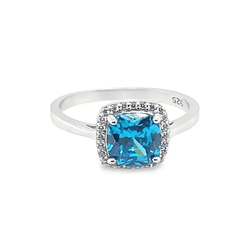 December Birthstone Blue CZ Cushion Halo Ring in Sterling Silver