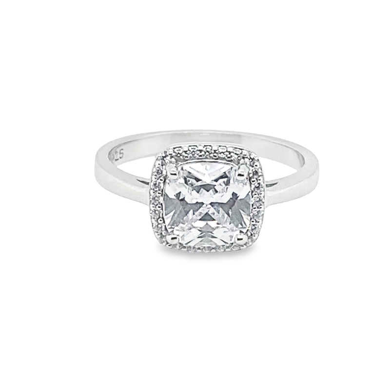 April Birthstone Cushion Halo CZ Ring in Sterling Silver