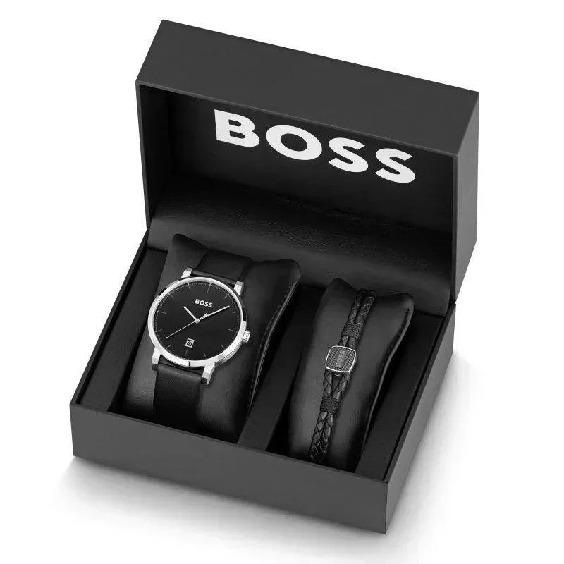 Hugo Boss Confidence Quartz Men's Watch and Braided Black Leather Bracelet Gift Set 1570145