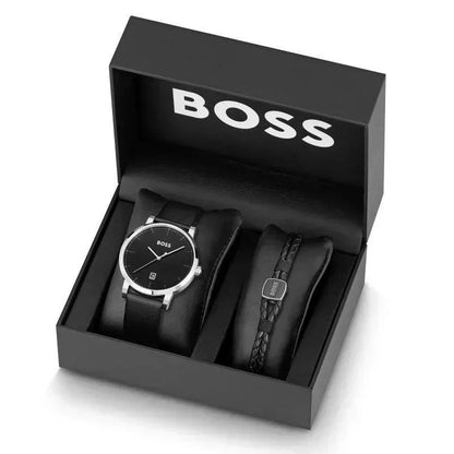 Hugo Boss Confidence Quartz Men's Watch and Braided Black Leather Bracelet Gift Set 1570145