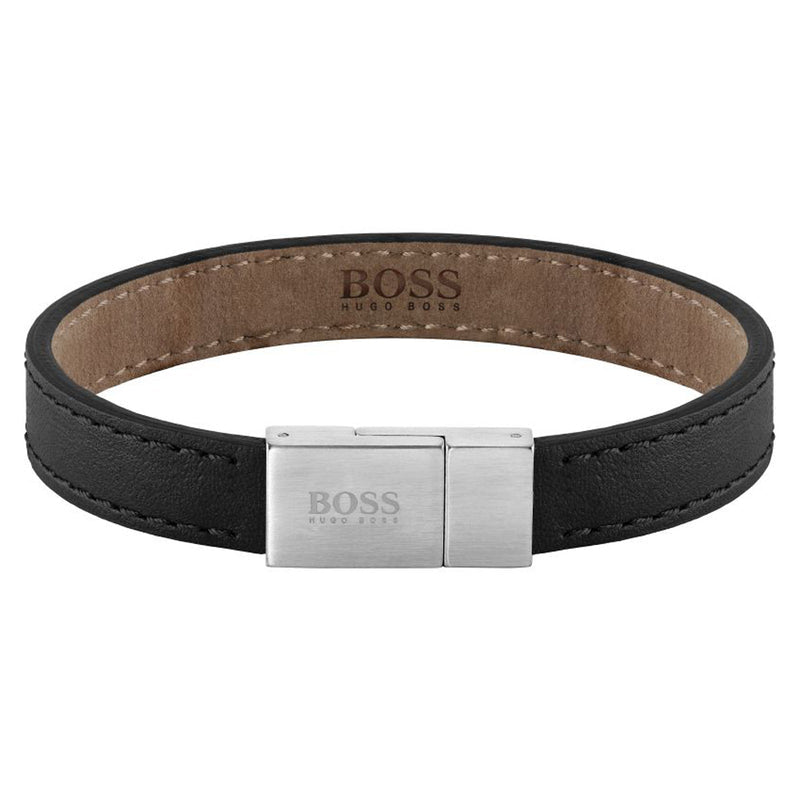 Hugo Boss Stainless Steel And Black Leather Men&#39;s Bracelet 1580033L