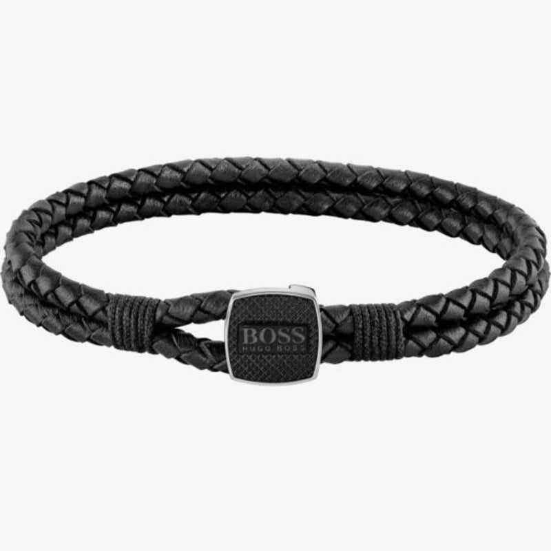 Hugo Boss Jewelry Men&#39;s Ionic Plated Black Leather Bracelet 1580047L