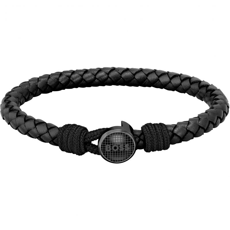 Hugo Boss Gents Thad Classic Braided Black Leather Bracelet 1580468M