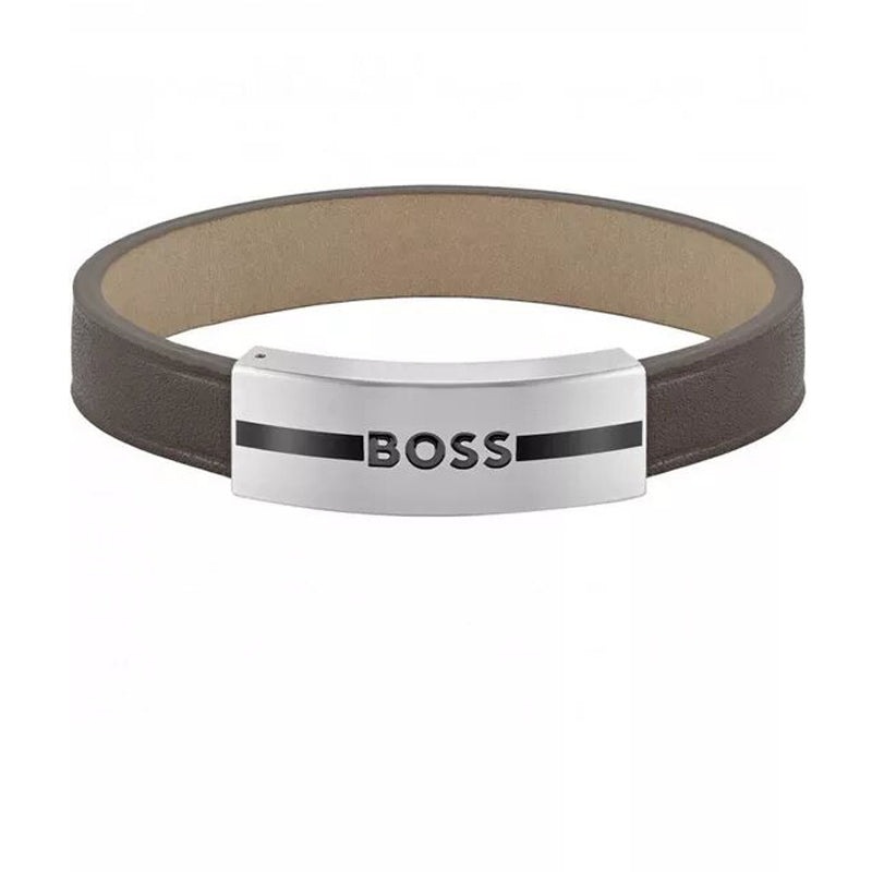 BOSS - Braided brown leather cuff with silver-tone compass plate