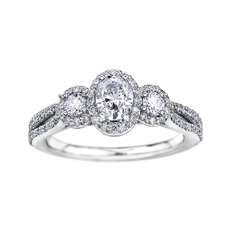 14K White Gold 1.00TDW Oval Diamond Past Present and Future Engagement Ring