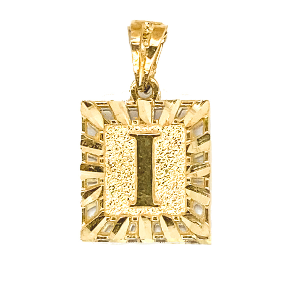 10K Solid Yellow Gold Initial Letter I Square Pendant