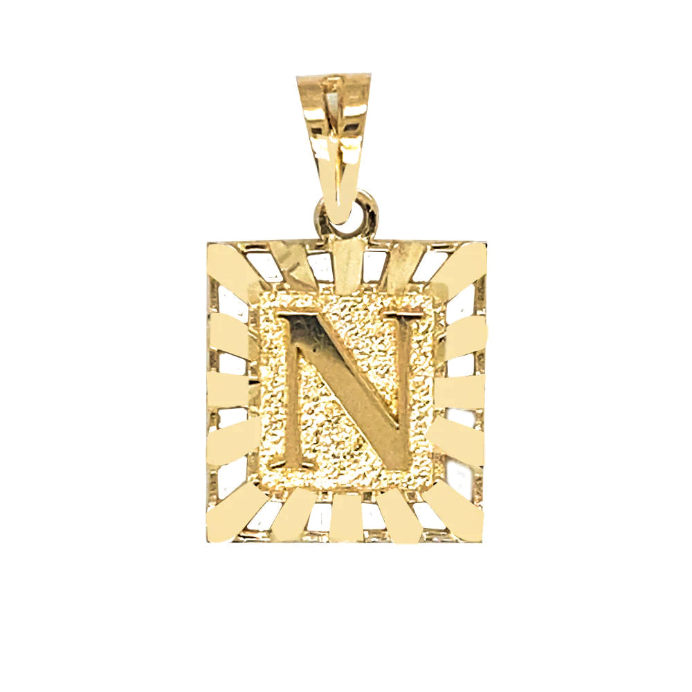 10K Solid Yellow Gold Initial Letter N Square Pendant
