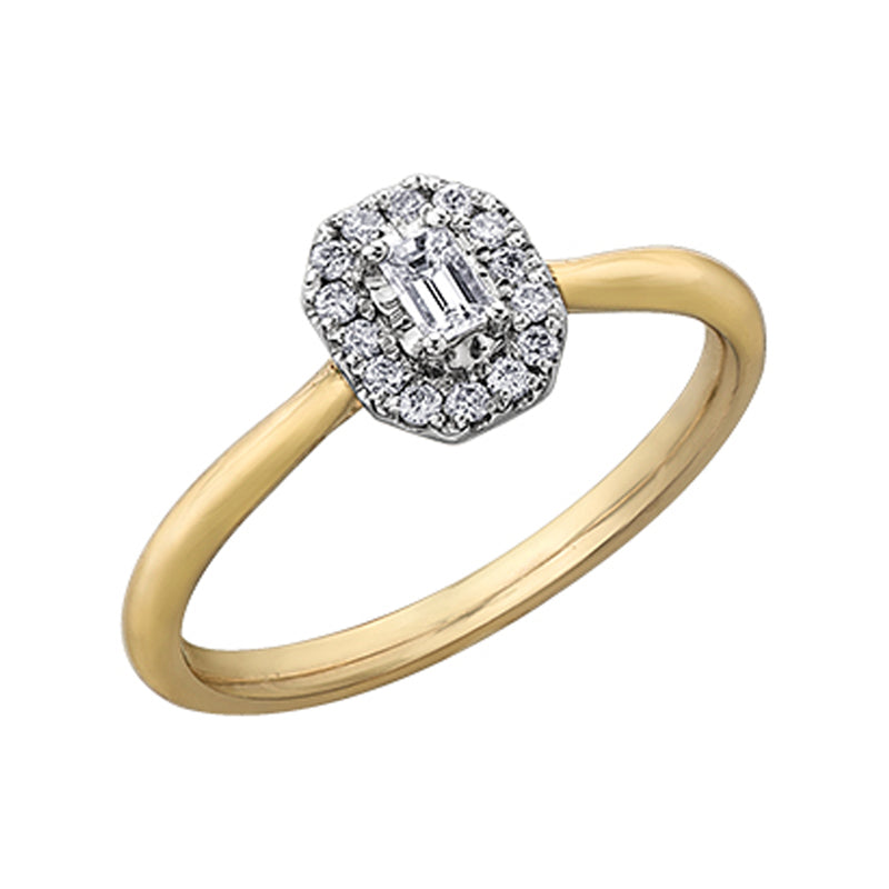 10K Yellow and White Gold 0.20 Carat Emerald Cut Diamond Halo Ring