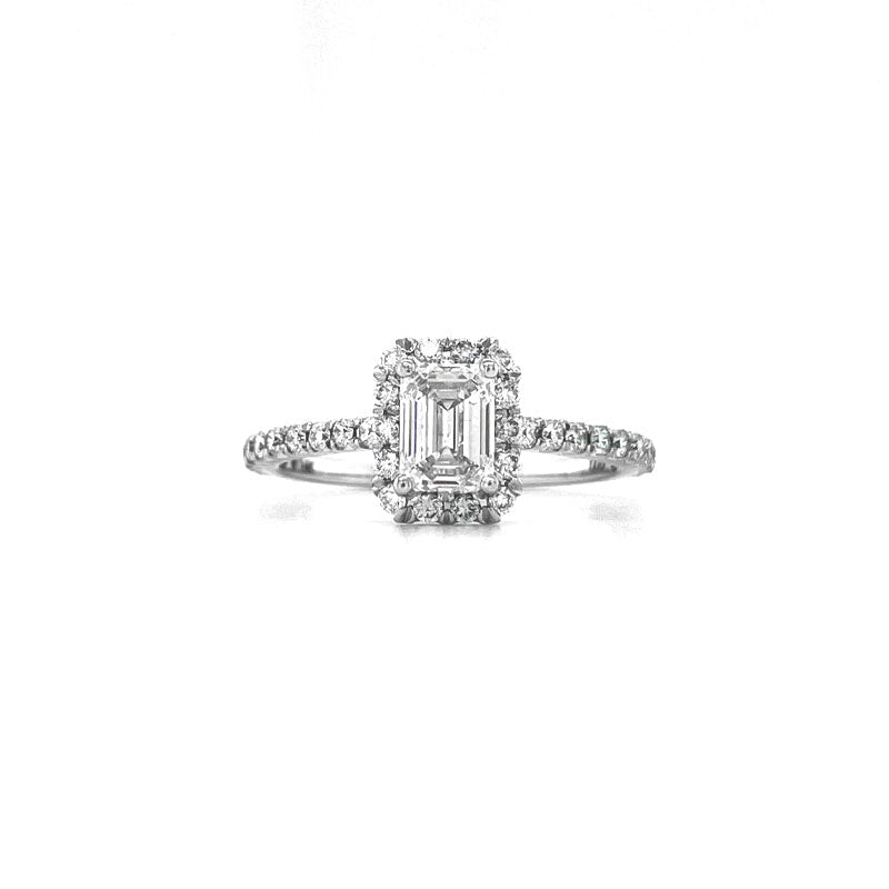 14K White Gold 1.04TDW Emerald Cut Lab Grown Diamond Solitaire Ring with Halo and Sides