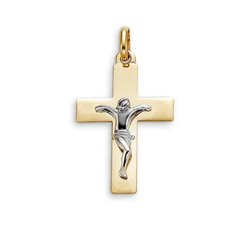 10 Karat Yellow Gold Flat Religious Italian Cross with White Gold Crucifix