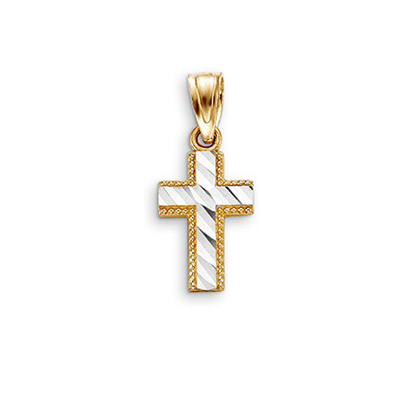 10 Karat White And Yellow Gold Cross Pendant With Milled Edges