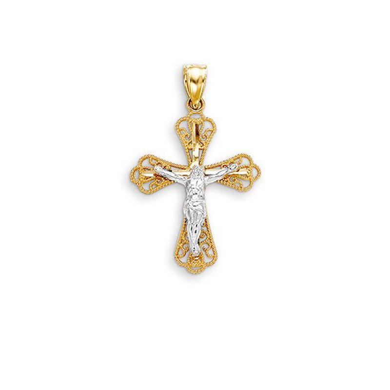 10K Yellow and White Gold Fancy Cross Pendant with Crucifix