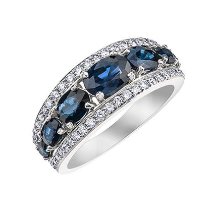 Blue Sapphire Gemstone and 0.35TDW Diamond Band Ring in 10K White Gold