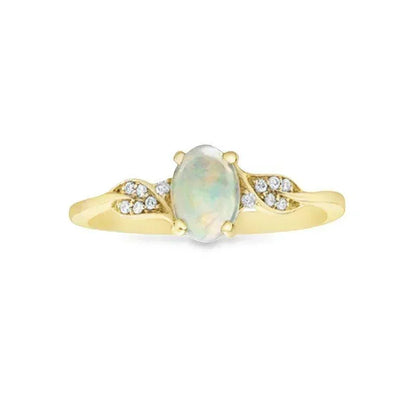 0.04TDW Diamond & 7X5MM Opal Gemstons Ring in 10K Yellow Gold