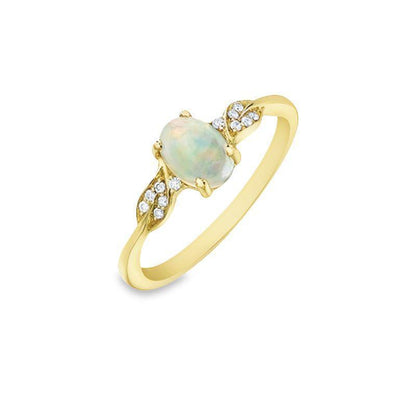 0.04TDW Diamond & 7X5MM Opal Gemstons Ring in 10K Yellow Gold