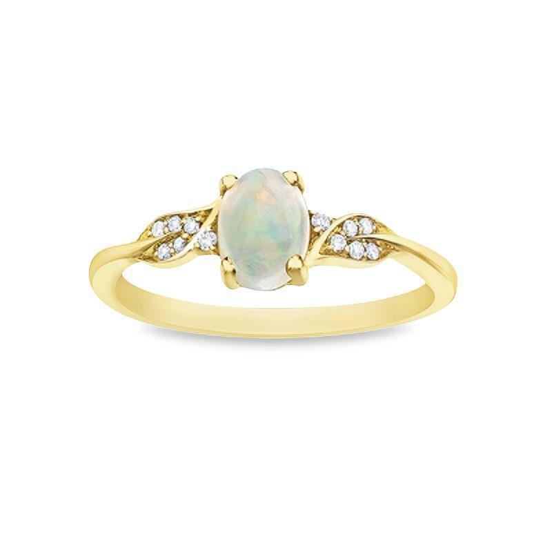 0.04TDW Diamond & 7X5MM Opal Gemstons Ring in 10K Yellow Gold
